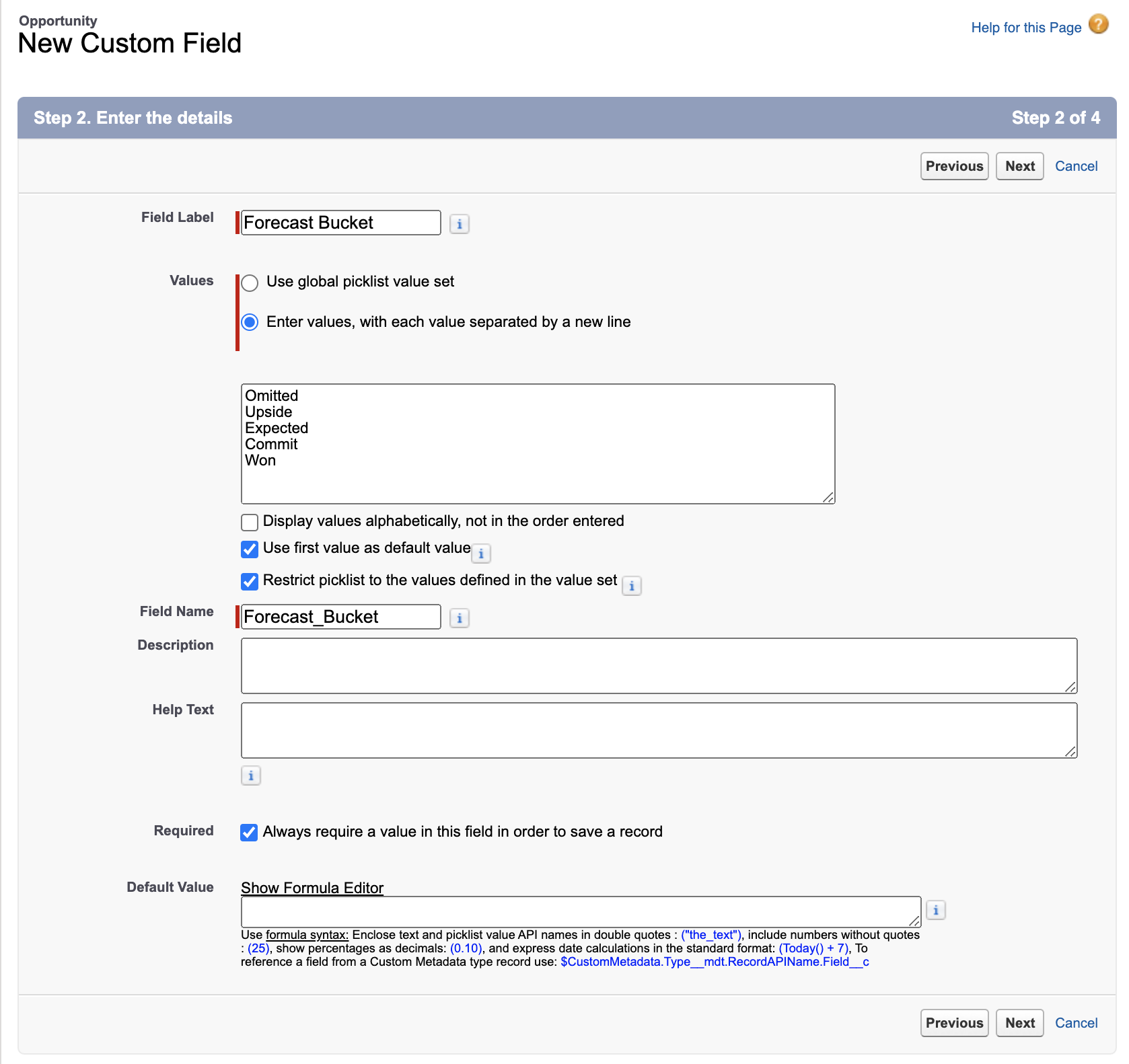 Creating a custom forecast bucket field in Salesforce.com
