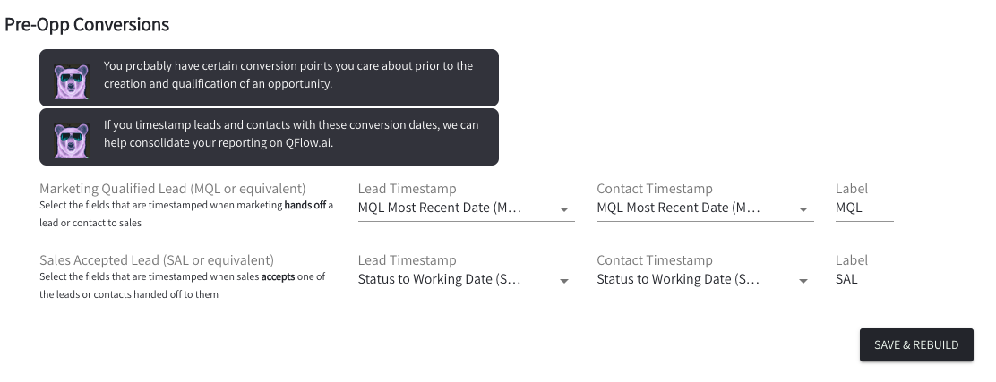 Configuring marketing qualified and sales accepted conversion on QFlow.ai