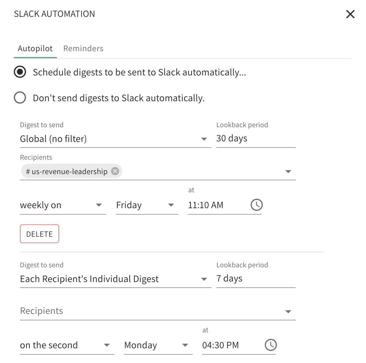 Automated business digest delivery dialog