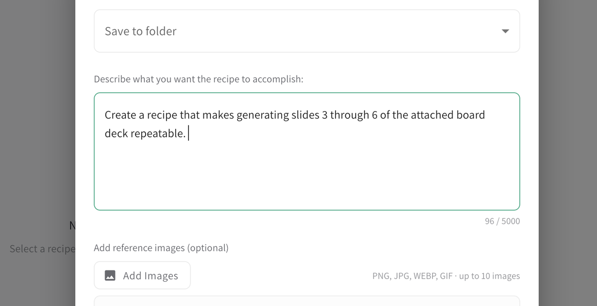 QFlow Generate Recipe with AI dialog showing a prompt to make generating slides 3 through 6 of a board deck repeatable