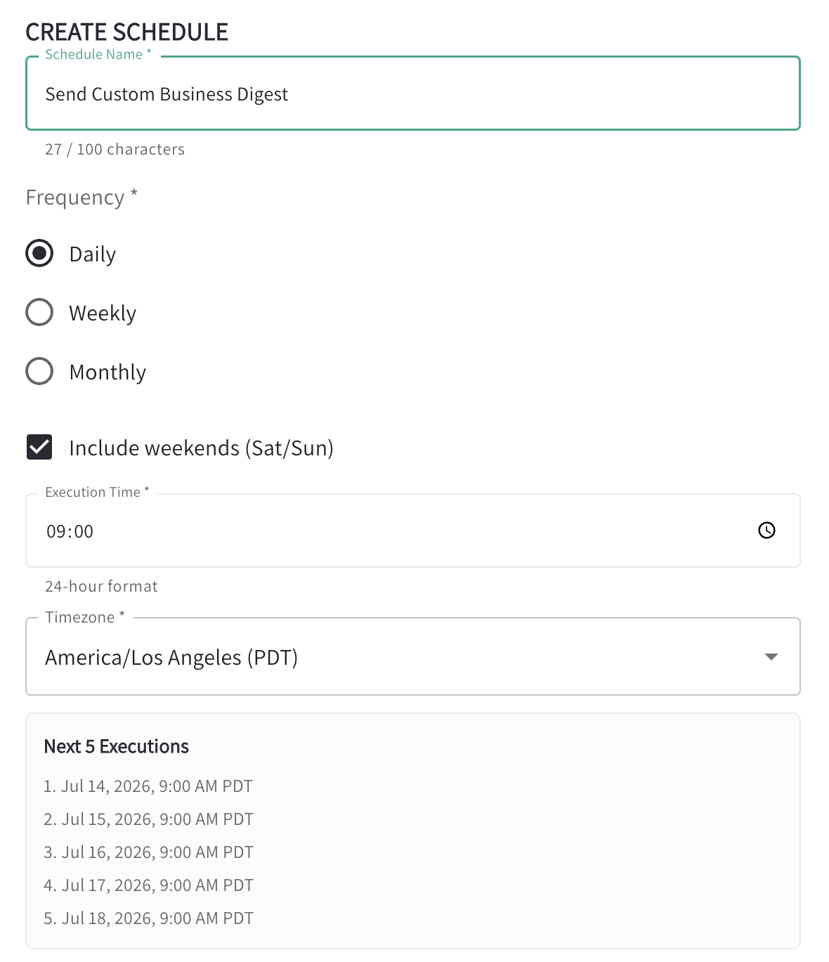 QFlow create schedule form for a custom business digest showing daily frequency, execution time, timezone, and the next five runs