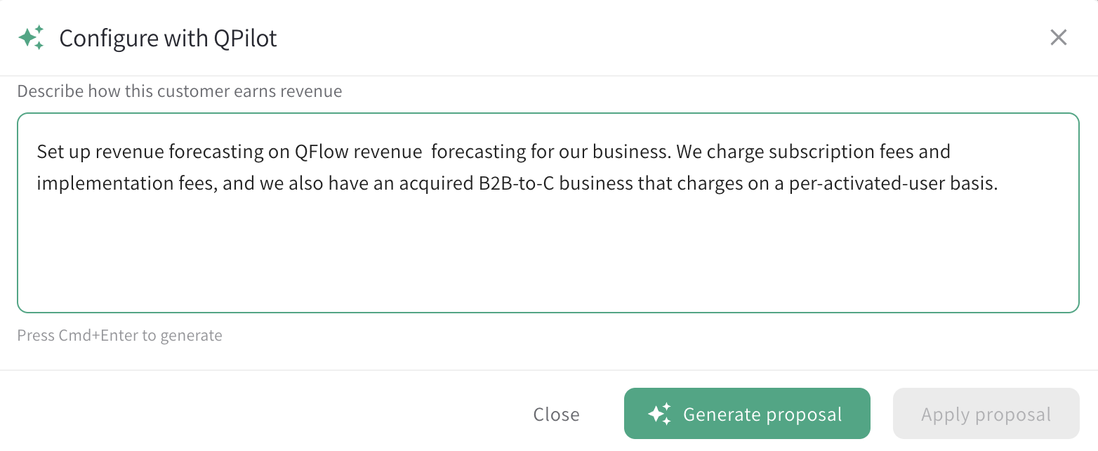QPilot setup dialog describing subscription, implementation, and per-activated-user revenue streams for the QFlow Revenue Agent