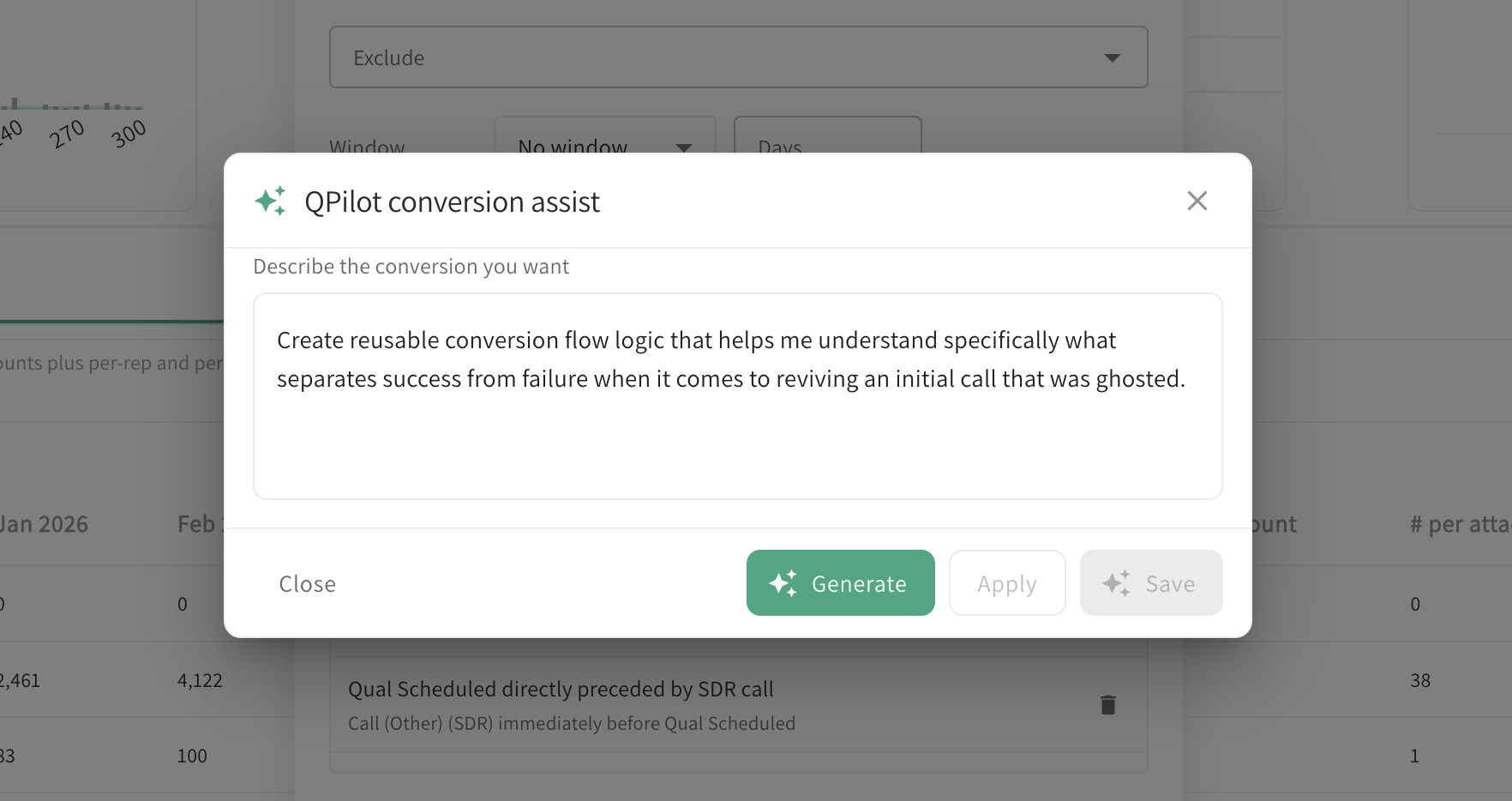 QPilot conversion assist dialog asking QFlow to create reusable logic for reviving a ghosted qualification call