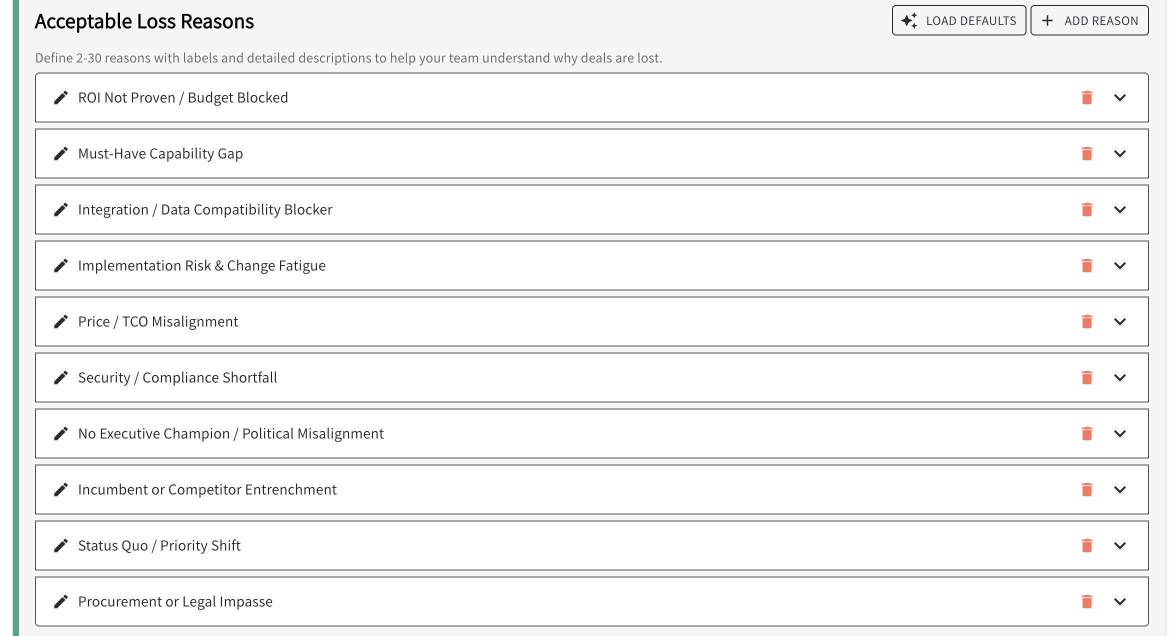 QFlow Win-Loss Agent configuration showing a customizable taxonomy of acceptable loss reasons