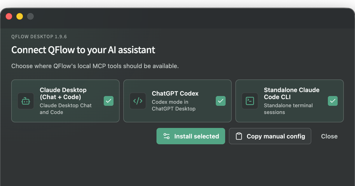 QFlow Desktop setup showing Claude Desktop, ChatGPT Codex, and standalone Claude Code selected for QFlow MCP tools