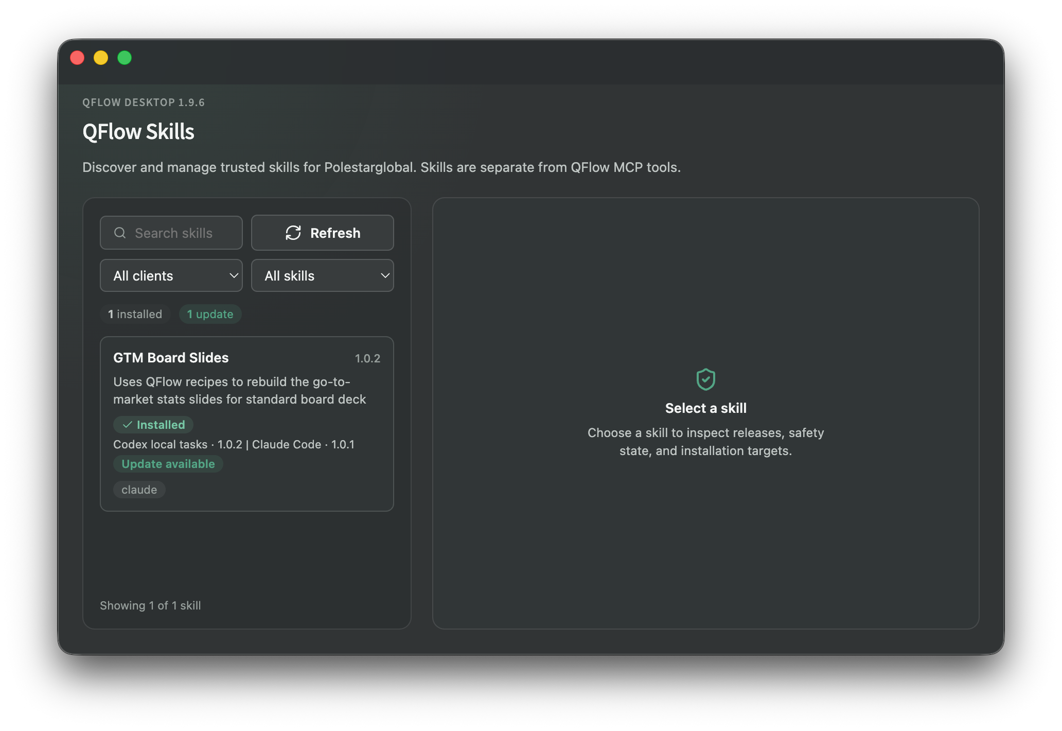 QFlow Desktop Skills library showing the GTM Board Slides skill installed for Codex and Claude Code with an update available